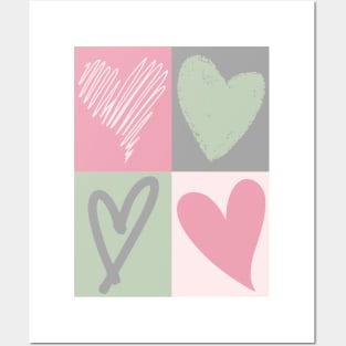 Pastel heart print, green, pink, grey, Posters and Art